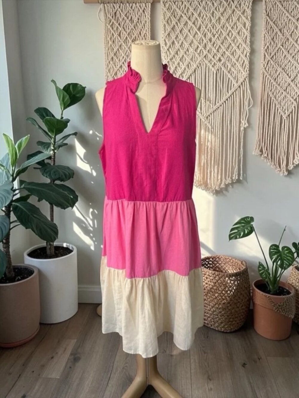52seven Sleeveless Colorblock Ruffle-Neck Linen Blend Dress – Size 12